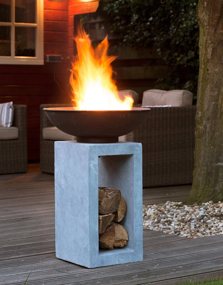 Steel Firebowl On Square Fibreclay Console H68.5cm
