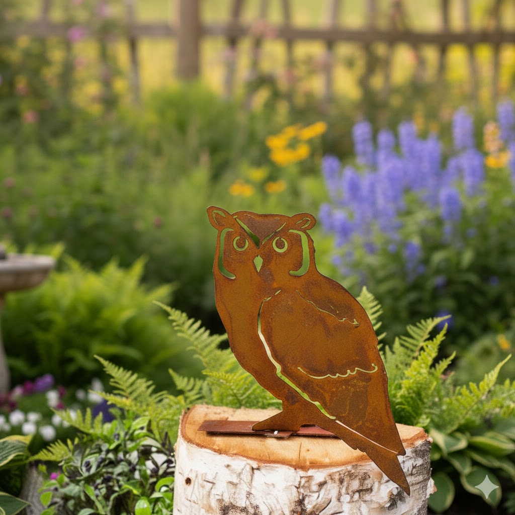 Corten Steel - Owl Rustic Metal Stake Home Garden Decor Ornament Laser Cut